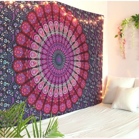 Purple and Pink Peacock Mandala Tapestry Twin Size Boho Beach Throw Dorm Room Indian Wall 