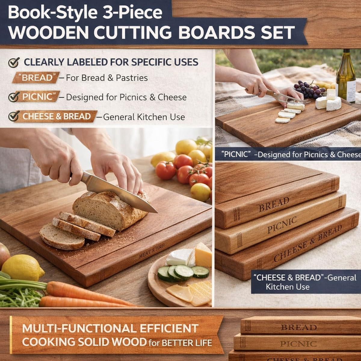 Book Shaped Chopping Board Set with Stand, 3 Piece Solid Wood Cutting Boards for Meat Cheese and Vegetables, Decorative Library Style Kitchen Gift Set
