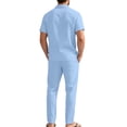 thumbnail image 4 of OIOLOYJM Men 2 Piece Outfit Linen Beach Short Sleeve Button Down Pocket Shirt and Elastic Waist Pajama Pants Casual Relaxed Fit Vacation Sleep Pj Sets Light Blue S, 4 of 6