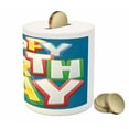 thumbnail image 3 of Birthday Party Piggy Bank, Rainbow Colored Happy Birthday Words Typography on Blue Color Backdrop Print, Ceramic Coin Bank Money Box for Cash Saving, 3.6" X 3.2", Multicolor, by Ambesonne, 3 of 4