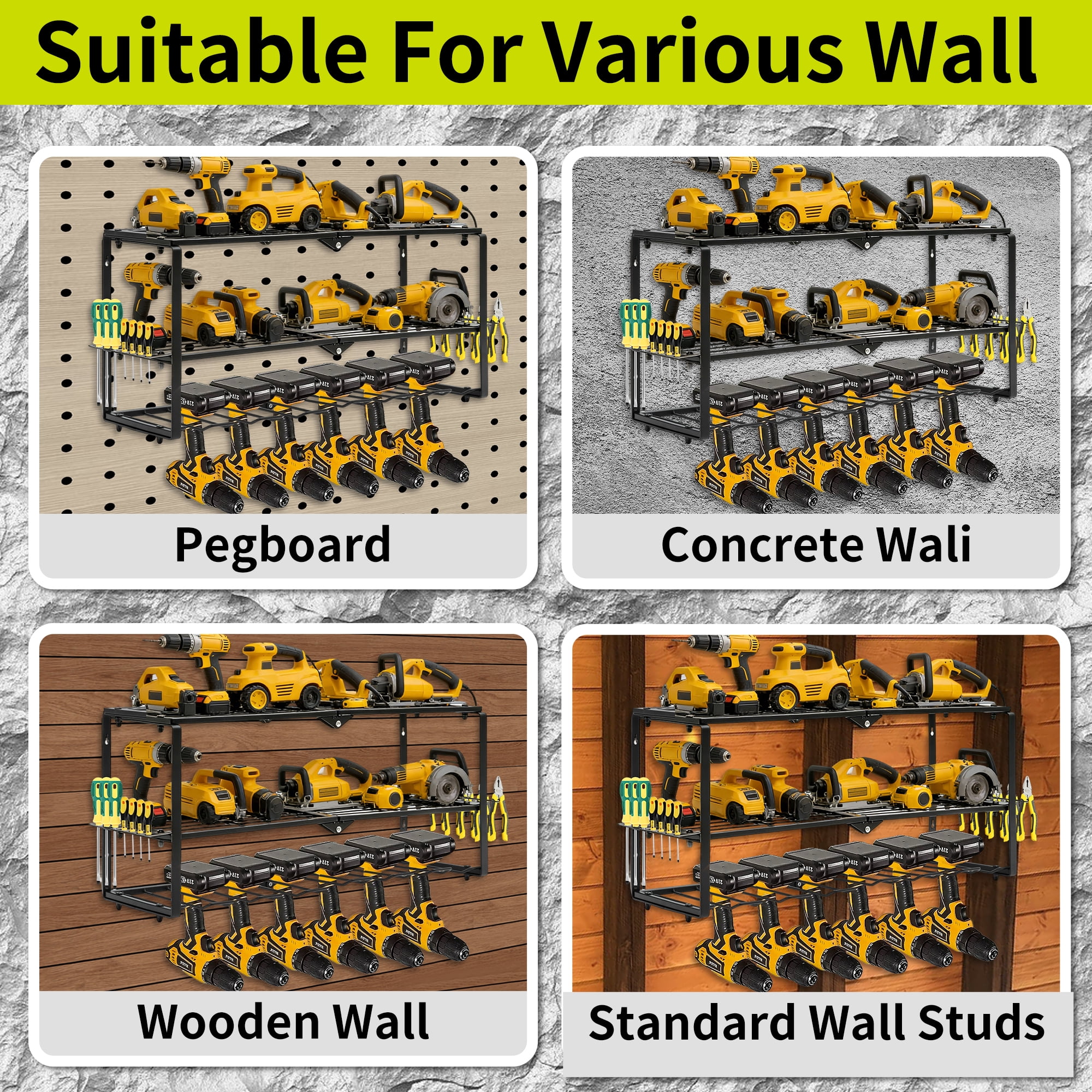 Ukmk Power Tool Organizer Wall Mount, 3-Tier Heavy Duty Storage Rack with 7 Drill Slots for Garage Workshop Organization