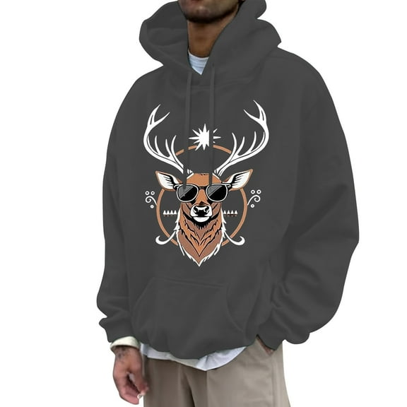 Christmas Sweater Men Sweatshirts Hooded Sweatshirts Christmas Reindeer Print (Dark Gray S)