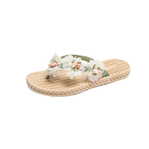 Vhkiploz Summer Thong Slides for Women White Floral Flat Slippers Casual Beach Vacation Home Beach Slippers