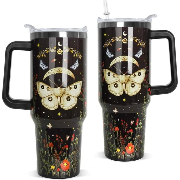 Gothic Tumbler with Handle and Straw 40 OZ Goth Moth Flowers Cup Coffee Travel Mug Stainless Steel Insulated Water Bottle Goth Moon Witchy Decor Gifts for Women