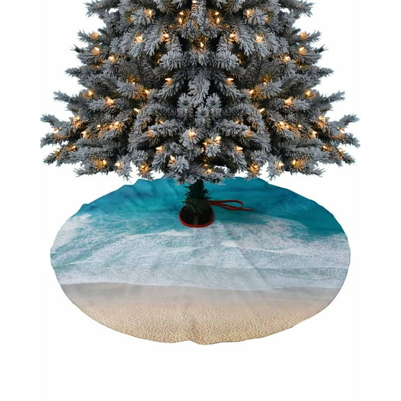 Coastal Blue Ombre Christmas Tree Skirt 36 Inches Large Christmas Skirt Tree, Summer Beach Seaside Aqua Beige Abstract Art Tree Skirt Christmas Decorations for Fireplace Party Holidays Indoor Outdoor