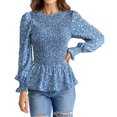 thumbnail image 1 of Túnica azul de manga larga con mangas abullonadas y puños fruncidos Blusa plisada coqueta, 1 of 6