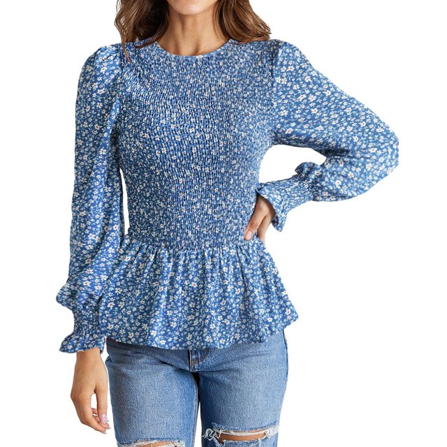 Túnica azul de manga larga con mangas abullonadas y puños fruncidos Blusa plisada coqueta