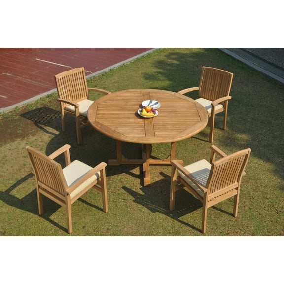 Grade-A Teak Dining Set: 4 Seater 5 Pc: 60" Round Table And 4 Wave Stacking Arm Chairs Outdoor Patio WholesaleTeak #WMDSWVm
