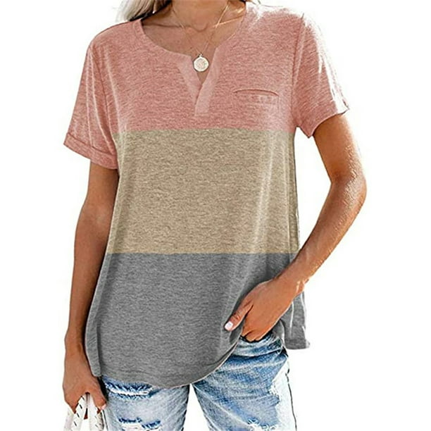 Womens Contrast Color T Shirt Summer Tunic Tops Casual Short Sleeve Blouse  V Neck Pullover