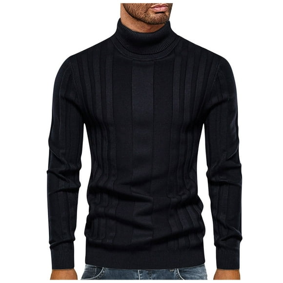 TIMIFIS Black Mens Turtleneck Sweater Long Sleeve Solid Color Pullover Knitwear Stretchy Cable Knit Soft Comfy Undershirts Tops