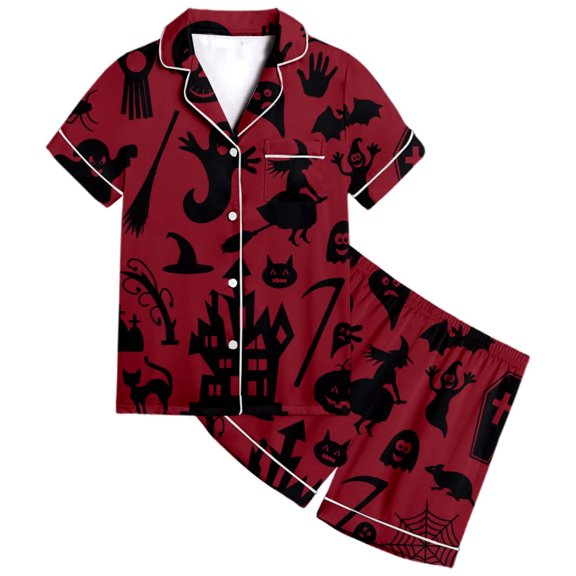 Toddler Outfits for Girls 2 Piece Halloween Stylish Print Short Sleeve Lapel Breathable Top And Shorts At Home Wear Baby Girls' Clothing Sets 2 Years-3 Years