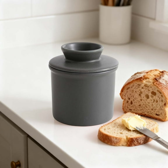 Ceramic Butter Dish with Lid, Kitchen Butter Holder Storage Container for Spreads, Soft Butter Keeper, 4.13x3.82in, Grey