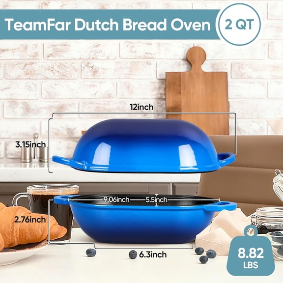 Enameled Cast Iron Bread Loaf Pan, 2 QT Oval Dutch Oven with Lid for Sourdough Bread Baking, Enameled Meatloaf Loaf Baking Pan with Lid, Even Heat Distribution & Self-Basting, Blue