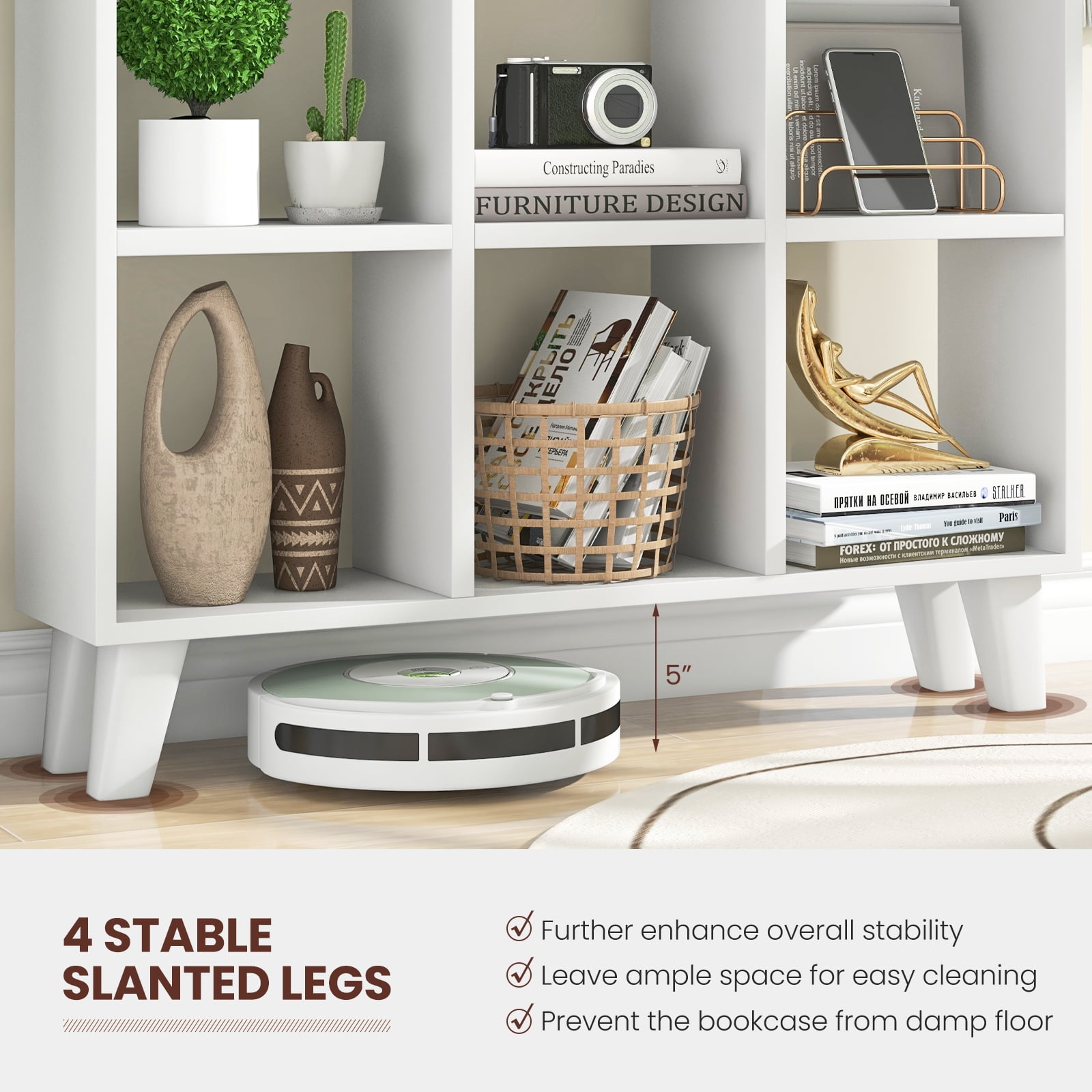 Topbuy 9-Cube Open Bookcase 3-Tier Floor Standing Bookshelf with 4 Slanted Legs 6 Removable Shelves White