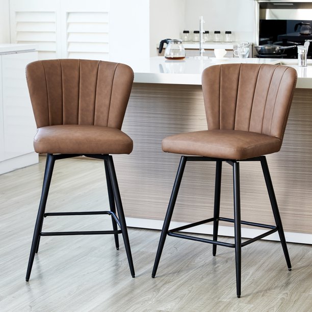 Kithkasa 25 inch Counter Stools, Full Back Leather, Black Finish, Set