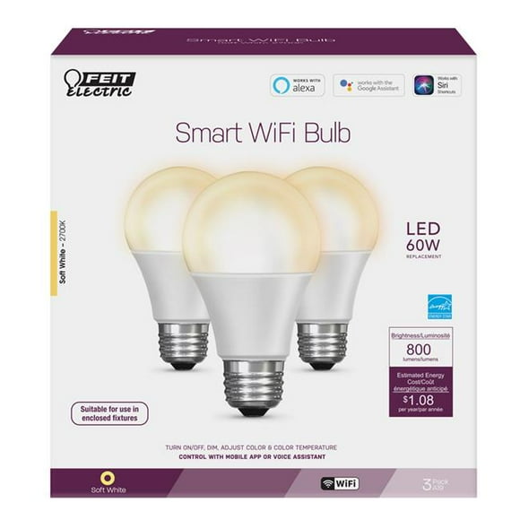 Feit Electric 3004002 60 watt Equivalence A19 E26 LED Smart Wi-Fi Bulb, Soft White - Pack of 3
