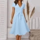 thumbnail image 3 of Gibobby Vestidos para Mujer Mujer Casual Elegante Color sólido Cuello en V Manga corta Estampado de flores Correa Vestido de cinturón(Azul claro,M), 3 of 4