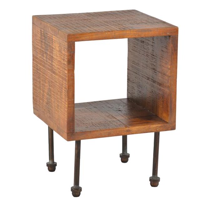 Table de Chevet en Bois à Compartiment Ouvert avec Support Tubulaire en Métal, Marron