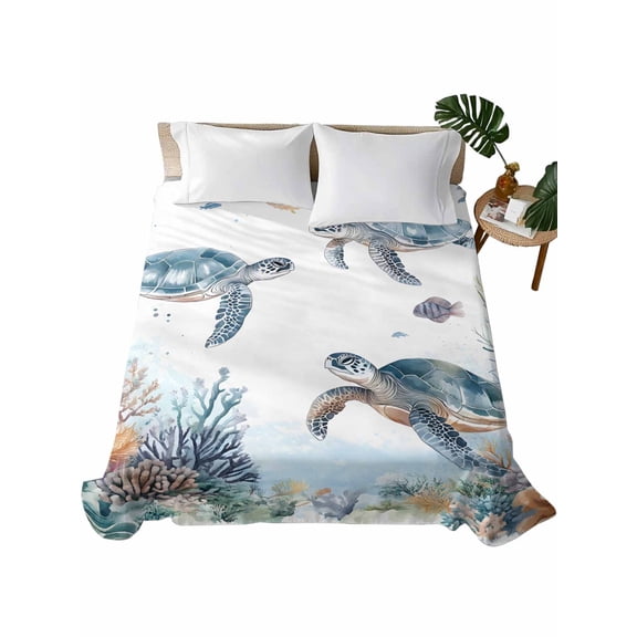 Sea Turtle Coastal Flat Sheets Only Queen Size, Soft Breathable Bed Top Sheets for Mattress, Summer Beach Coral Ocean Blue Nautical Luxury Bedding Flat Sheets for Home Hotel Bedroom Bed Protection
