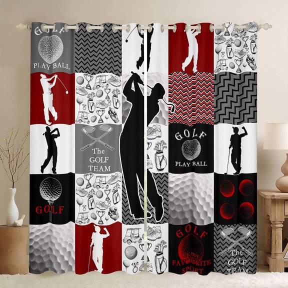 jejeloiu Golf Ball Sport Curtains Pack of 2 (42x84 Each),White Gray Red Grid Curtains Blackout For Boys Kids