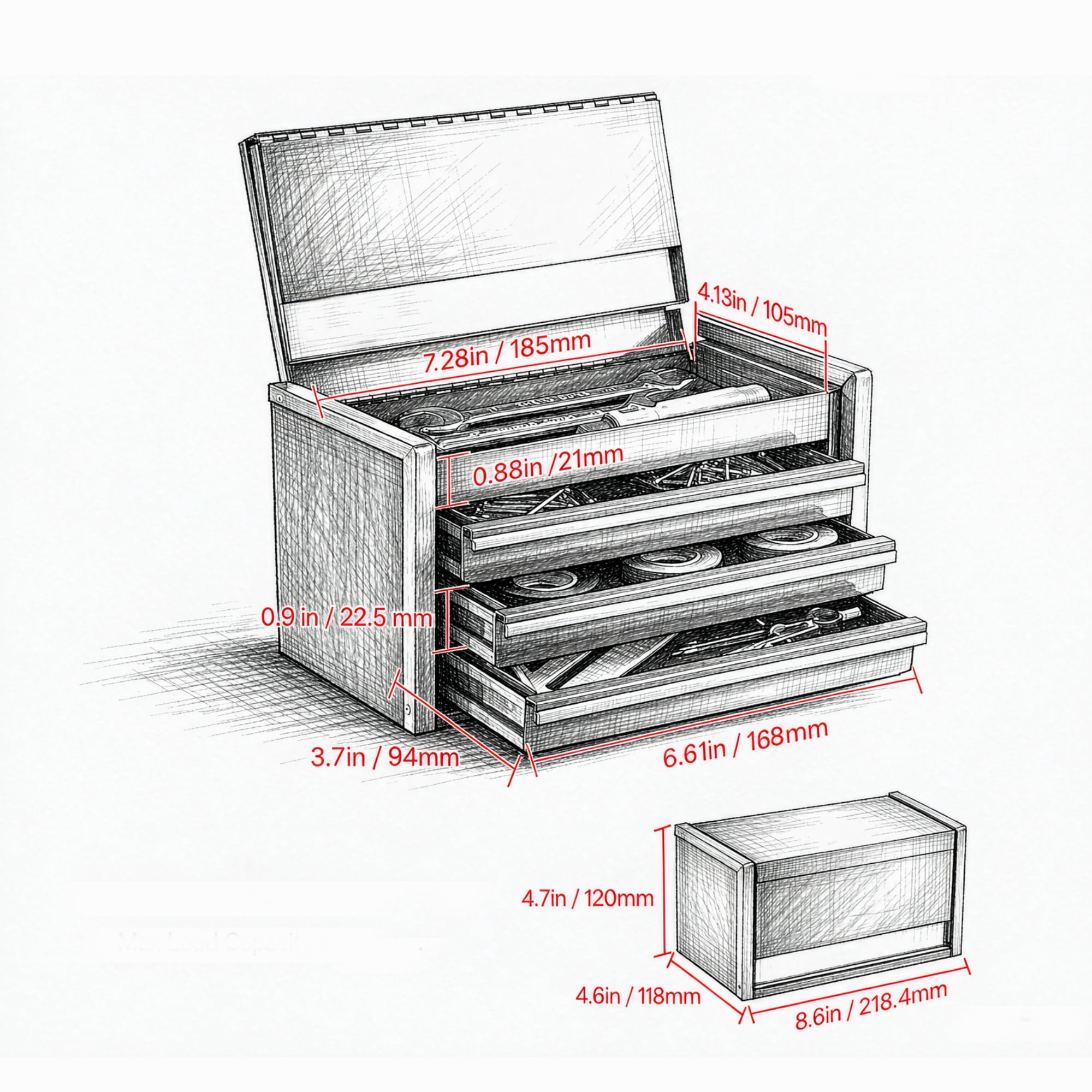 8.6" Portable Metal Tool Box with 3 Drawers, Tool Chest with Ball Bearing Slides & EVA Liners