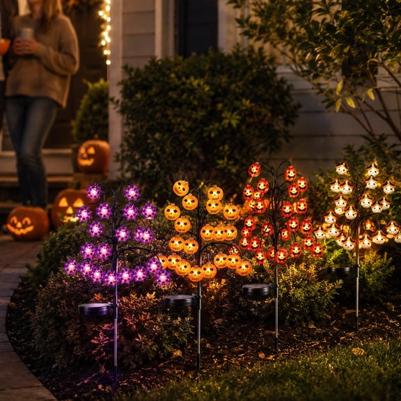 Halloween Solar Tree Stump Light Garden Decorations,Solar Flower-Shaped Garden Stake Lights, Pumpkin Maple Leaf Ghost Bat Design Hallween Decor Outdoor for Walkway Lawn Porch Yard