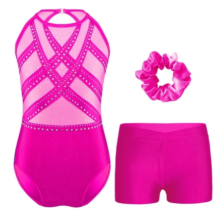 Alvivi Kids Girls Shiny Rhinestones Gymnastics Leotard and Shorts Headband Set Ballet Dance Bodysuit Hot Pink 8