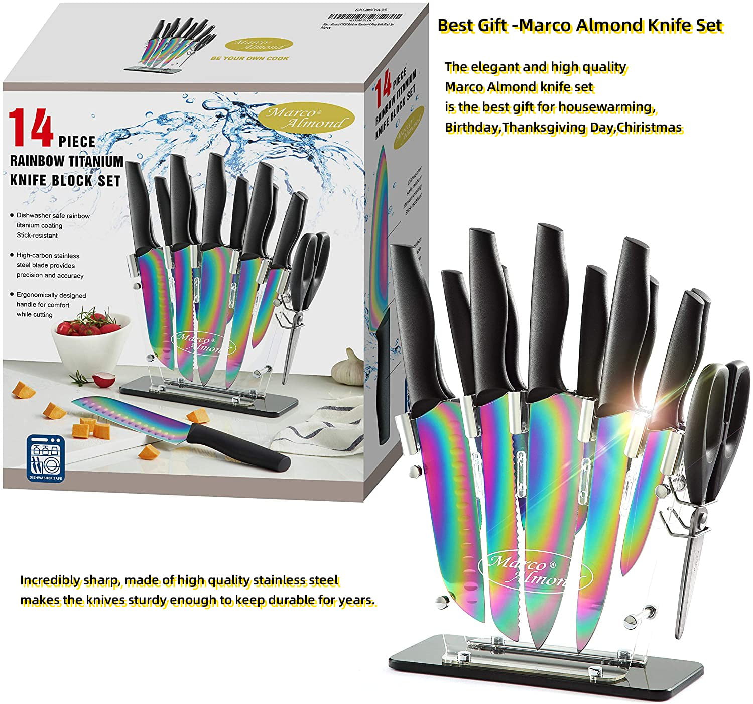 Marco Almond® Gold Knife Set With Block KYA23, 14 Pieces Stainless