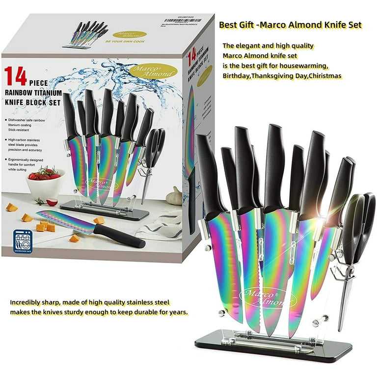 Marco Almond 14-Pieces Kitchen Knife Set With Block, Teal Sharp