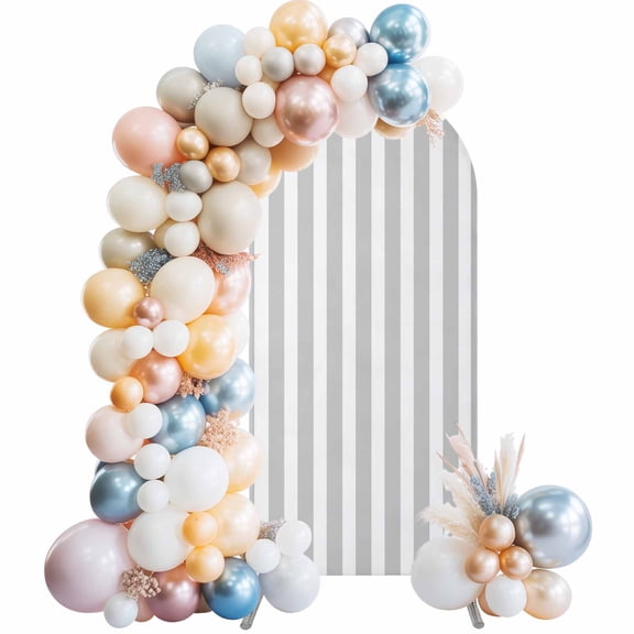 Grey Striped Arch Backdrop Cover, Spandex Fitted Wedding Arch Cover, Modern Farmhouse Gray White Stripes Round Top Stand Covers for Birthday Ceremony Bridal Shower Party Decor 7.2x4 Ft