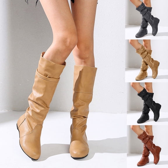 Pandaie Womens Retro Slouchy Mid Calf Boots Soft Leather Flat Shoes Casual Classic Low Heel Round Toe Pull on Fall Winter Booties for Work Office Walking Black 6