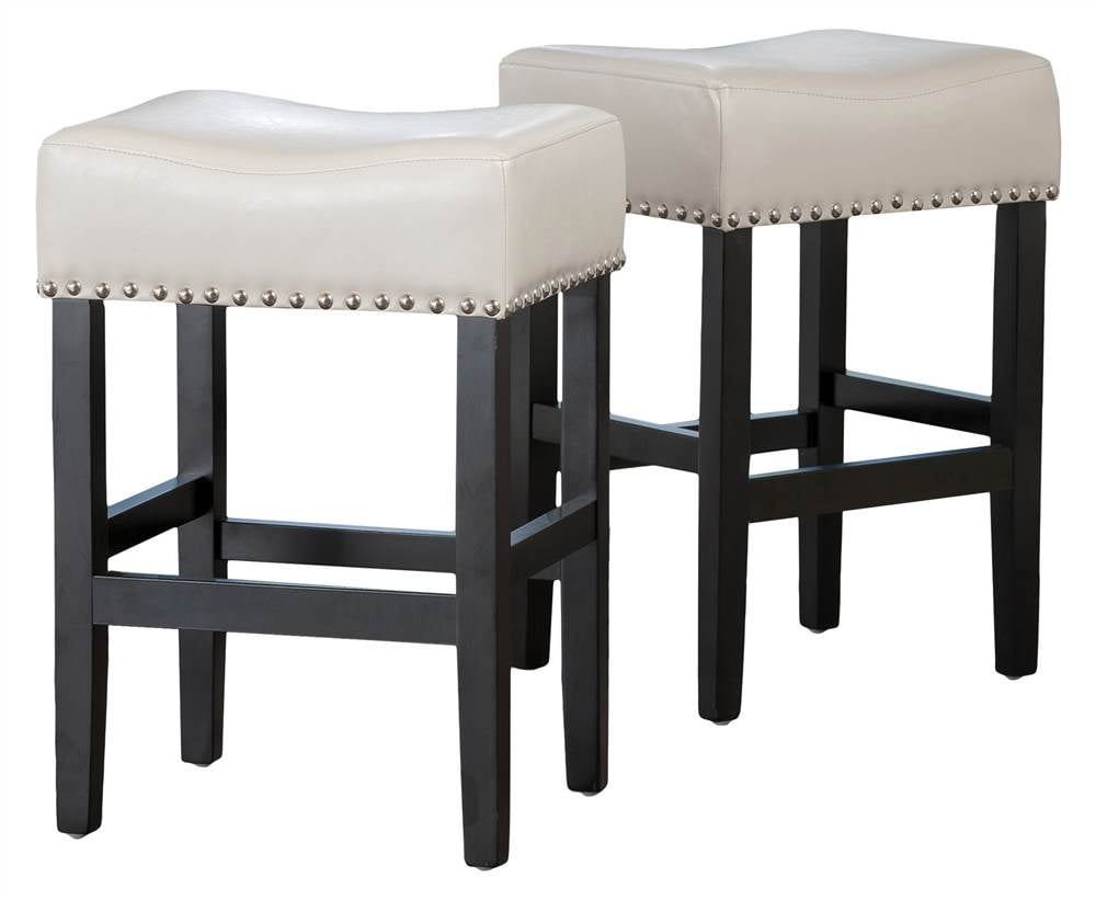 Ivory Faux Leather Saddle Counter Stools with Black Wood Frame, Set of 2