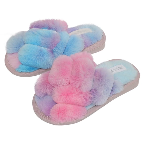 Drecage Kids Fluffy Slippers for Girls Open Toe Warm Fuzzy Slippers Bedroom House Shoes