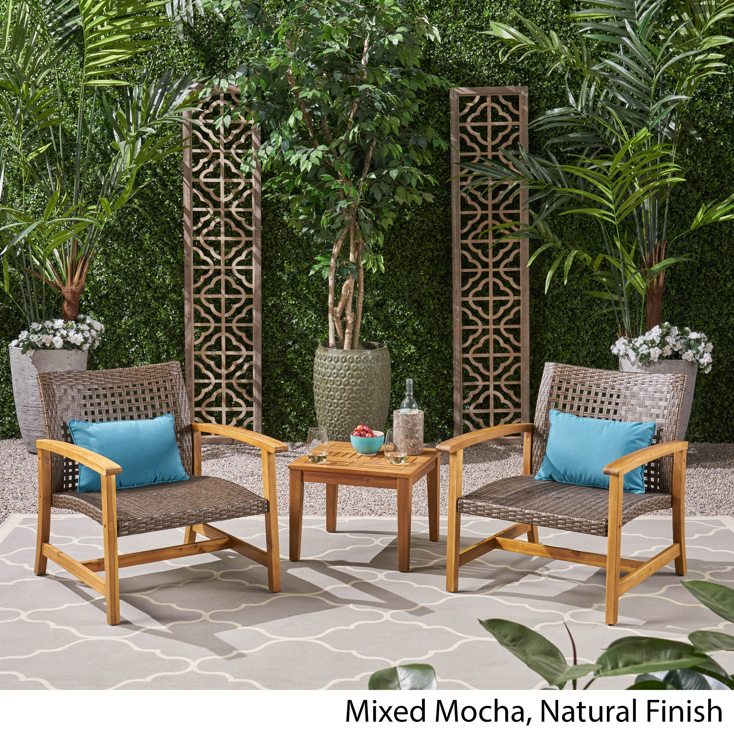 Camdyn Outdoor 3 Piece Wood and Wicker Club Chairs and Side Table Set, Mixed Mocha