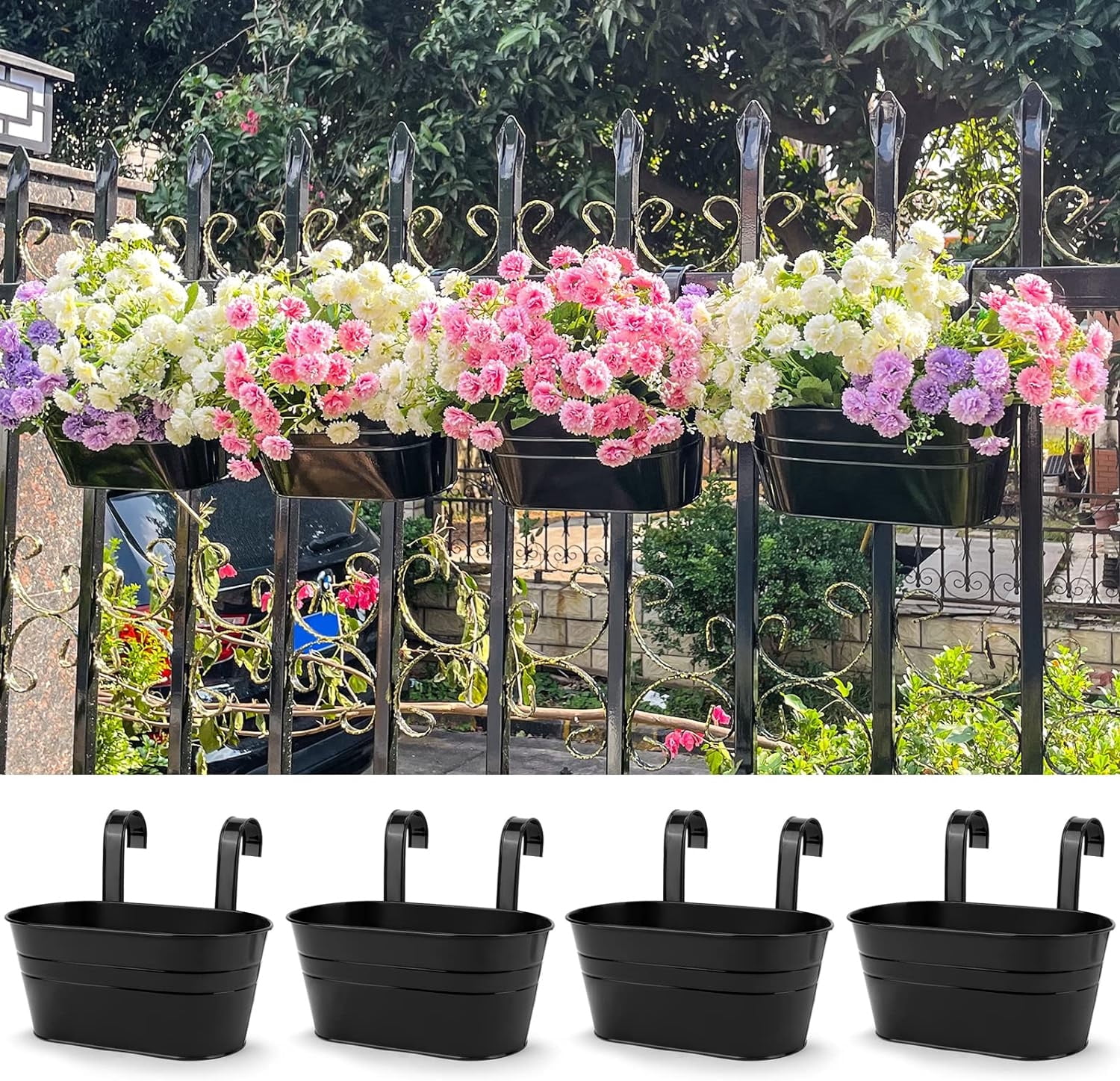 Metal Wall Hanging Planter,Bexikou 3 Pcs Balcony Metal Buckets with Detachable Hooks&Drainage Holes,Large Oval Fence Hanging Planters for Railing Outdoor Great for Garden Home Decor, Black