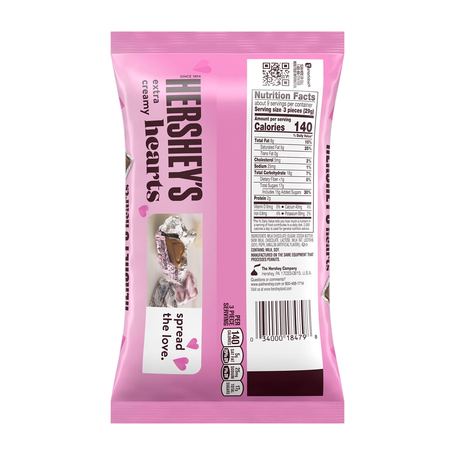 HERSHEY'S Extra Creamy Milk Chocolate Hearts, Valentine's Candy Bag, 9.2 oz