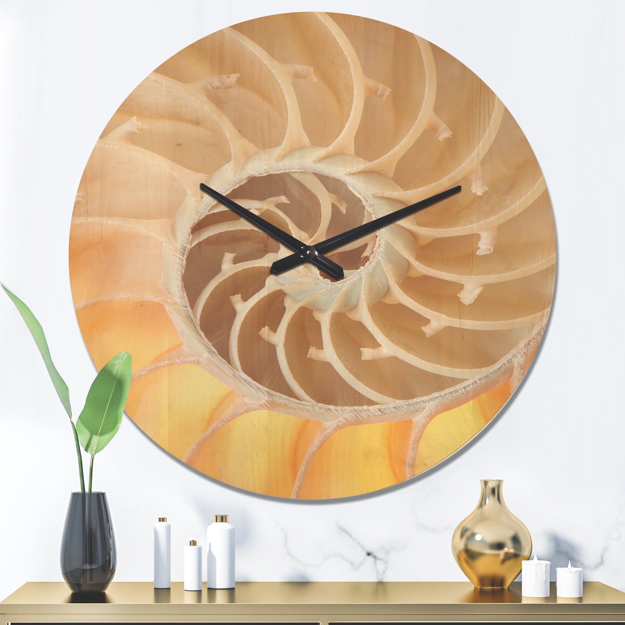 Designart 'Golden Nautilus Seashell Pattern ' Modern Wood Wall Clock