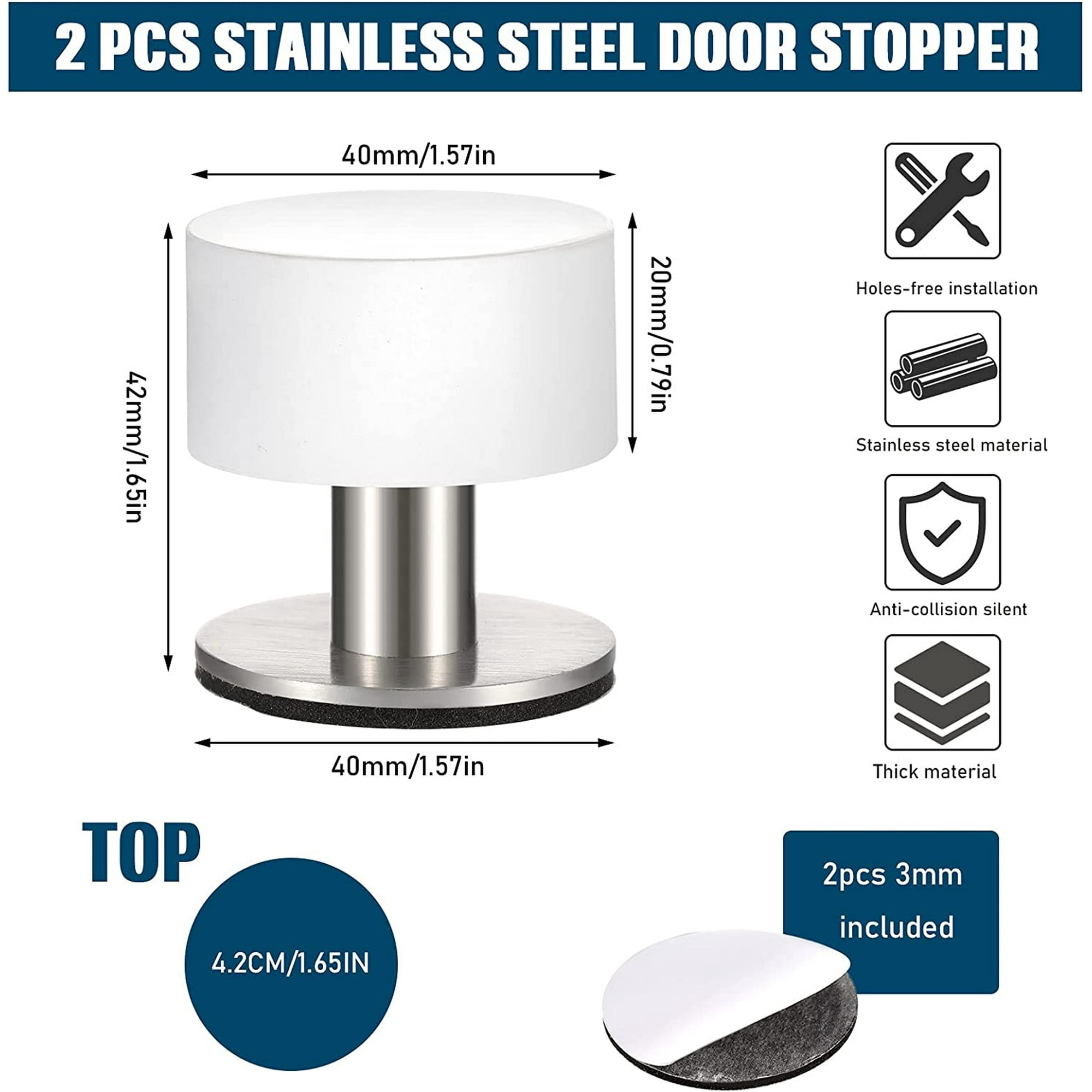 2Pcs Stainless Steel Door Stop Floor Mounted Door Stopper Chrome Rubber  Stops