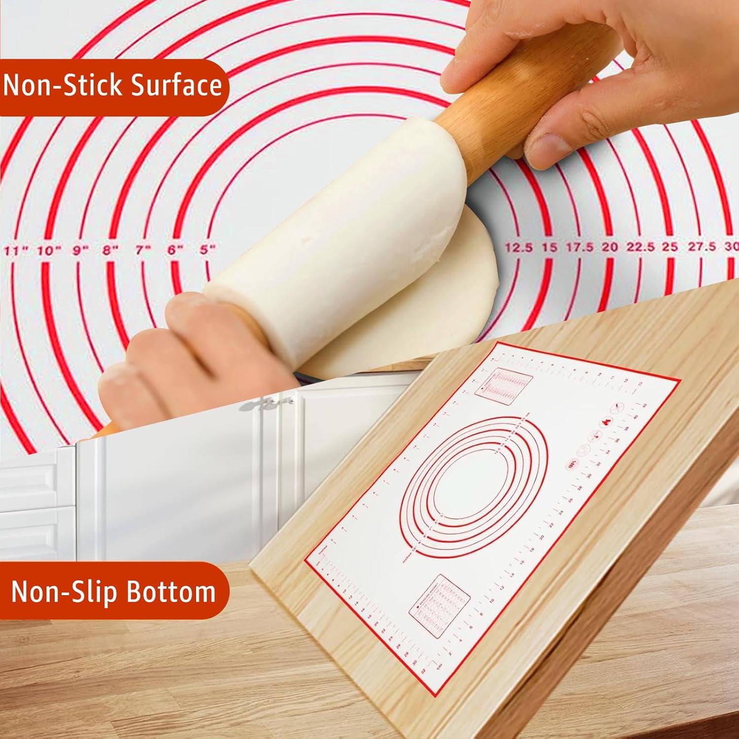 Silicone Baking Mat - Non Stick Pastry Mat Sheet for Dough Rolling, Thick Non-slip With Measurements, Reusable, Easy Clean (Red)