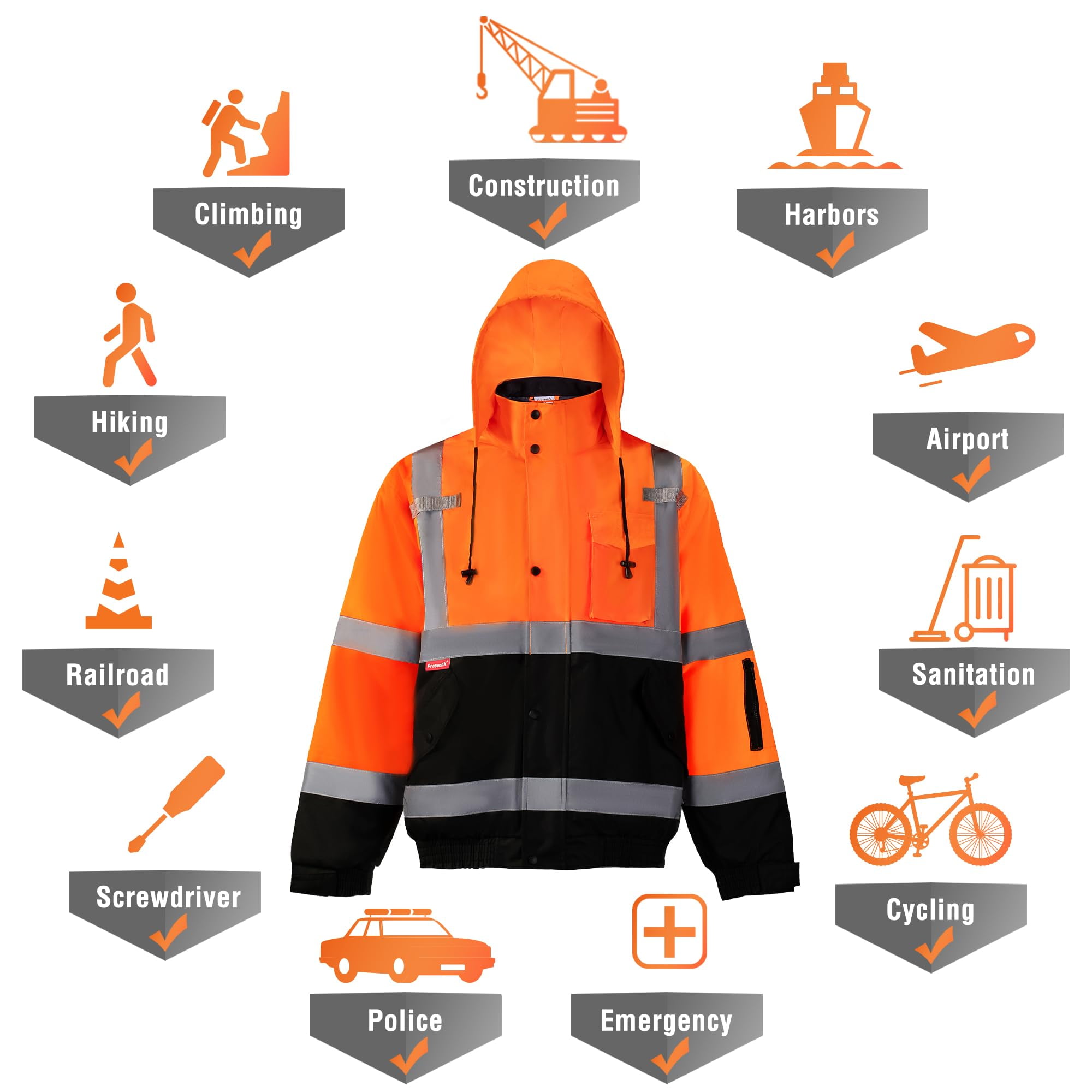 ProtectX High Visibility Safety Waterproof Bomber Jacket for Women Men, Hi Vis Reflective Winter Construction Jacket, Class 3, Orange, 2X-Large