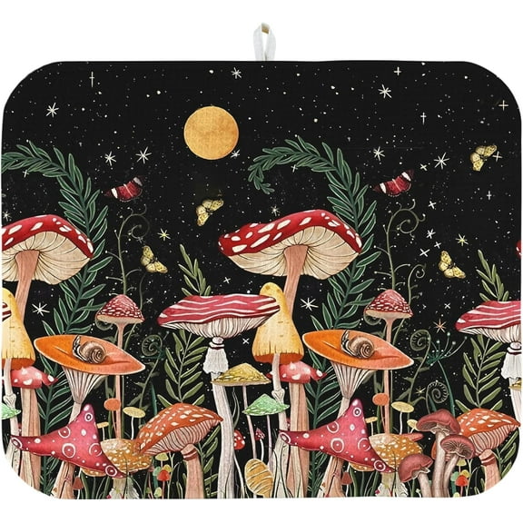 Dish Drying Mat for Kitchen Counter 16x18 Inch, Super Absorbent Dish Drainer Mat, Decorative Microfiber Dishes Drying Pad-Small(Mushroom)