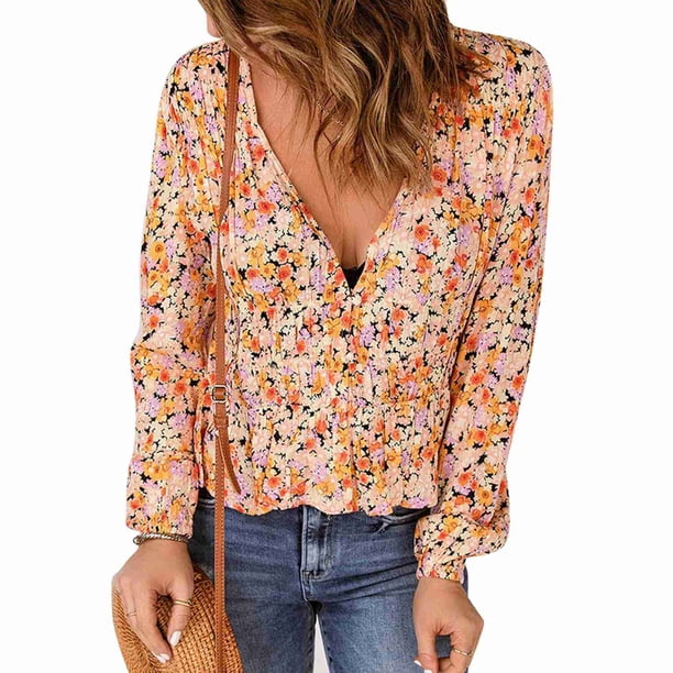 Camisa Fluida De Otoño Blusa Floral De Otoño Top Con Dobladillo Con Volantes Blusa De Mujer Manga Larga Cuello En V Floral Volantes Dobladillo Top Casual Para Primavera Otoño ANGGREK Naranja Rojo S