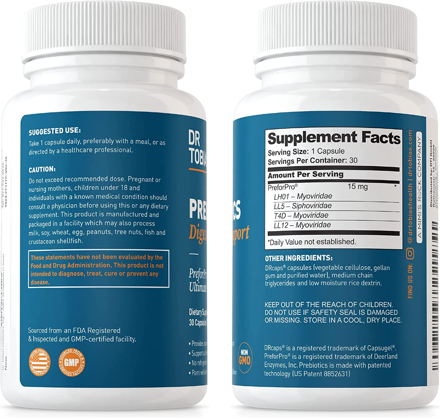 Dr. Tobias Prebiotics Digestive Support, Advanced Prebiotic Supplement for Gut Health, Immune Function & Boost for Probiotics for Women & Men, Vegan, Non-GMO, 90 Capsules, 90 Servings
