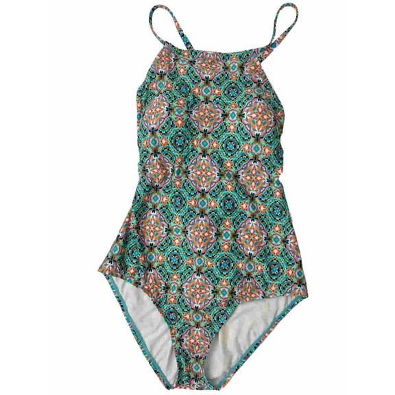 Womens Blue & Orange Mandala Kaleidoscope Print One Piece Swimming Suit Large