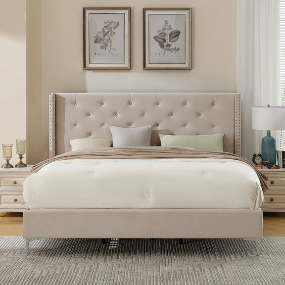 Morden Fort California King Velvet Upholstered Platform Bed Frame Beige Cream