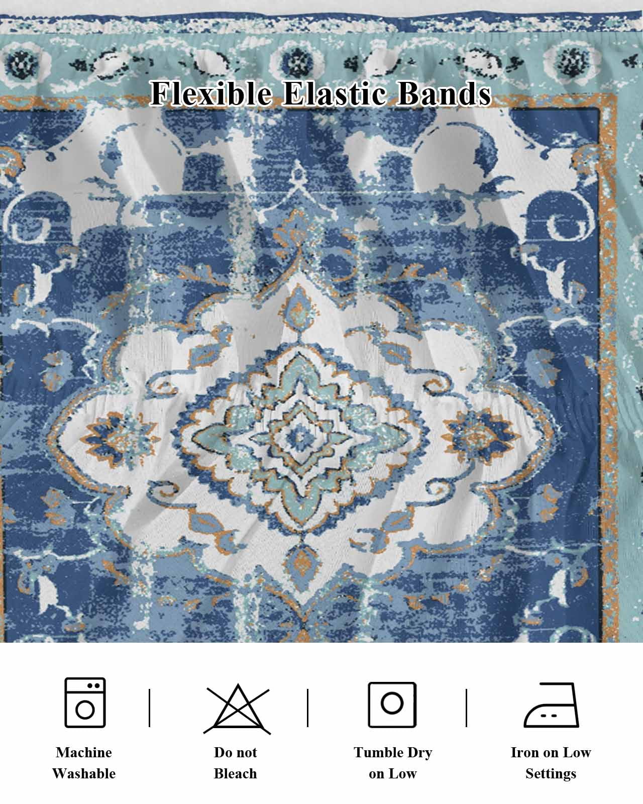 Blue Boho Wrap Around Bed Skirts for King Bed 18" Drop,Bed Skirt with Adjustable Elastic Belt Dust Ruffle Bed Valance for Bedroom Hotel Farmhouse Bohemian Medallion Oriental Flower Bed Frame Cover
