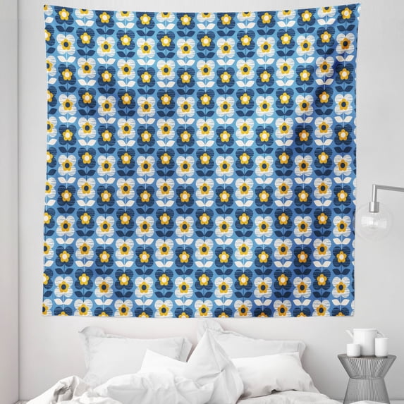 Yellow and Blue Tapestry, Simplistic Flower Silhouettes Botanical Thriving Garden with Grunge Effects, Fabric Wall Hanging Decor for Bedroom Living Room Dorm, 5 Sizes, Multicolor, by Ambesonne