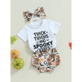 thumbnail image 3 of Wassery Toddler Girls Halloween Shorts Sets Short Sleeve Letter Print Tops and Skull Bat Print Shorts Headband Sets 6M 12M 18M 2T 3T Infant Baby Girl Fall 3PCS Casual Clothes, 3 of 8