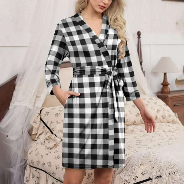 HongQid Womens Robe Lightweight Short Polyester Cotton Bathrobe Soft Ladies Sleepwear with Pockets and Belt