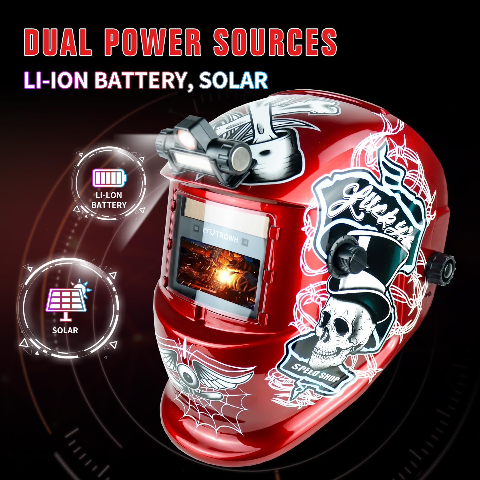 TRQWH Auto-Darkening Welding Helmet, Solar-Powered, 2 Sensors, True Color, Shade 9-13